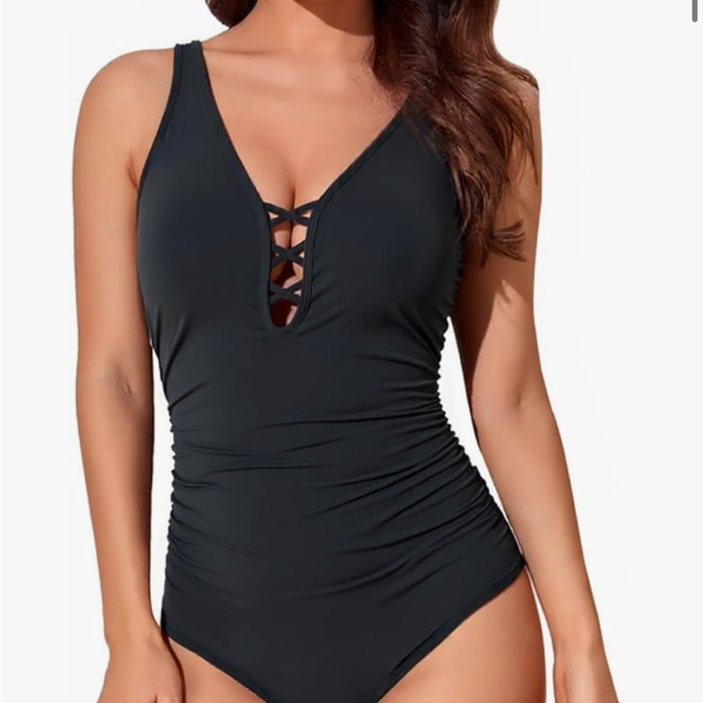 Black Crisscross V-Neck One-Piece Swimsuit